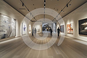 Contemporary Art Gallery Interior with Visitors Viewing Modern Paintings