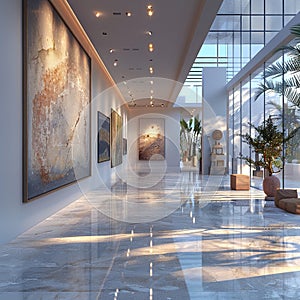 Contemporary art gallery interior with white walls and spotlighting
