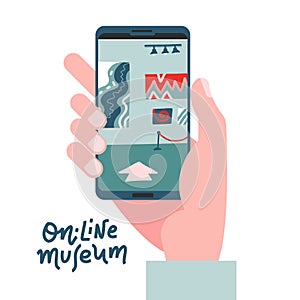 Contemporary art gallery or museum exhibit online concept. Hand with phone with exibition app on screen. Colorful vector flat