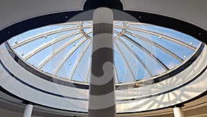 Contemporary art of glass and metal, roof background. Look at the glass dome. Geometric detail