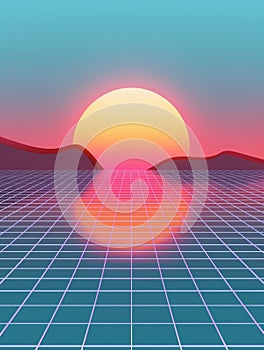 Contemporary art linear illustration. Abstract vaporwave illustration of linear style sunset