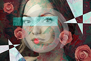 Contemporary art poster abstract collage with attractive woman. Minimal design concept. Modern art.