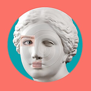 Contemporary art poster with ancient statue of Venus head and details of a living woman`s face.