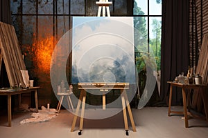 Contemporary art studio Wooden easel, blank canvas, a thriving artists sanctuary
