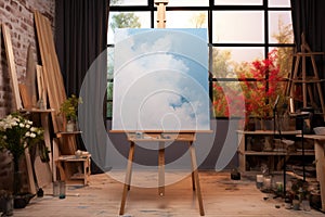 Contemporary art studio Wooden easel, blank canvas, a thriving artists sanctuary