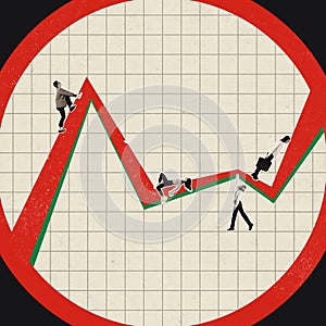 Contemporary artwork. On big graphic in big circle people, businessmen and empoyers, climbing, lying, hanging, and