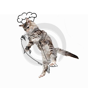 Contemporary artwork. One cute cat, kitten jumping and catching drawn fish isolated on white studio background with