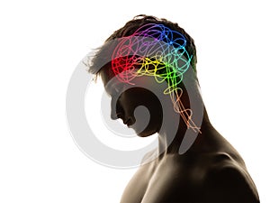 Contemporary artwork. Silhouette of young man with neon drawings of brain in his head. Artwork. Artificial intelligence