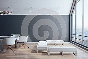 Contemporary attic interior room with empty white wall