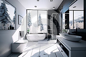 Contemporary bathroom with bathtub and mirrors. Black and white walls. Real estate. Renovation company. Home improvement. Home enh