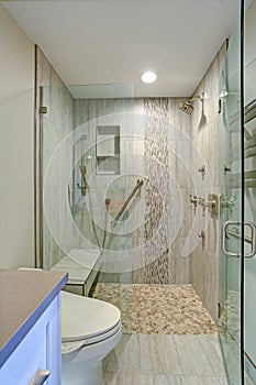 Contemporary bathroom design with walk-in shower.