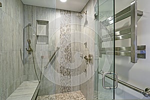 Contemporary bathroom design with walk-in shower.