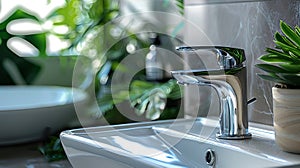 contemporary bathroom features a sleek chrome faucet with a silver finish, embodying a minimalist design aesthetic