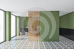 Contemporary bathroom interior with green empty blank wall