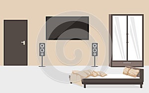 Contemporary bedroom furnishing flat vector illustration. Modern apartment room with no people, luxurious hotel number