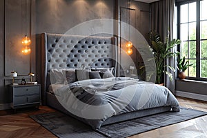 a contemporary bedroom with a grey bed and lamps, in the style of photo-realistic hyperbole, uhd image. Generative AI
