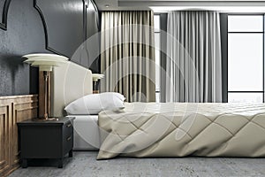 Contemporary bedroom interior with panoramic city view