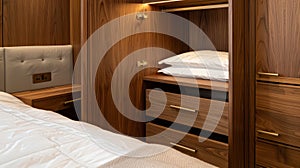 Contemporary Bedroom Storage with Walnut Built-In Wardrobe and Cozy Bedding. Custom built-in furniture.
