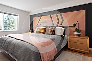 contemporary bedroom with an unconventional headboard