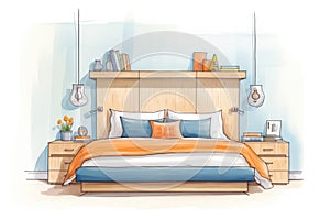 contemporary bedroom with an unconventional headboard, magazine style illustration