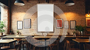 Contemporary black brick pub or bar interior with blank billboards on wall. Mock up