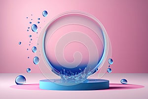 Contemporary blue and pink circle Podium with glass and water. AI generation