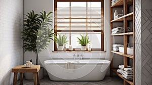 Contemporary bright bathroom interior with bathtub and kinfolk style tiles wall design