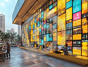 A contemporary building with colorful, lit panels on its exterior wall People can be seen walking nearby, and the photo