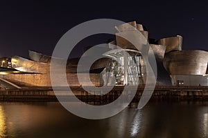 Contemporary building of the museum of Frank Gehry Guggenheim in Bilbao, Spain at night