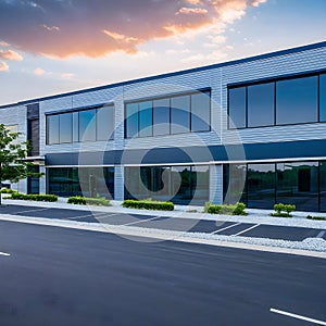 A contemporary business building situated in an industrial park