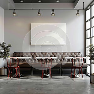 Contemporary cafe setting Empty white wall, ideal for advertising