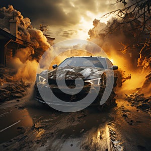 A contemporary car charges amidst a fiery explosion and swirling debris, under a storm. AI generation