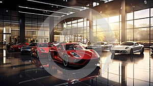 A contemporary car dealership presentation red cars and sunset car showroom wall mockup HD 1920*1080