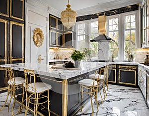 A contemporary, chic kitchen featuring stylish black and white cabinets, golden fixtures, and marble tiles