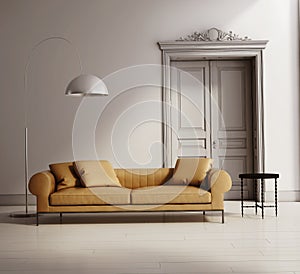 Contemporary classic living room, beige leather sofa