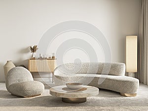 Contemporary classic white beige interior with furniture and decor. 3d render illustration mockup.