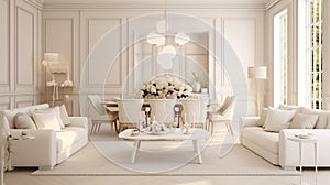 Contemporary classic white beige interior with furniture and decor. Dining room with living room. 3d render illustration mockup.