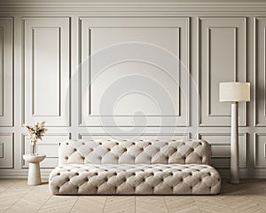 Contemporary classic white beige interior with moldings sofa and decor.