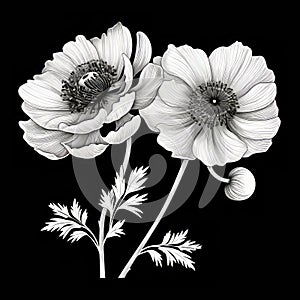 Contemporary Classicism: Detailed Black And White Flower Illustration On Black Background