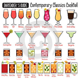 Contemporary Classics alcoholic cocktails vector illustration designe