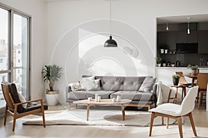 Contemporary Clean living room interior with Sofa, table and Ceiling light. ing