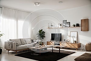 Contemporary Clean living room interior with Sofa, table and Ceiling light. ing