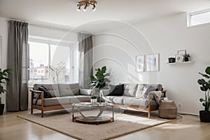 Contemporary Clean living room interior with Sofa, table and Ceiling light. ing