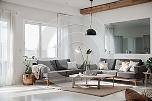 Contemporary Clean living room interior with Sofa, table and Ceiling light. ing