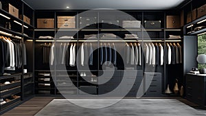 Contemporary closet design with dark grey walls, black shelves, and selection of trendy garments