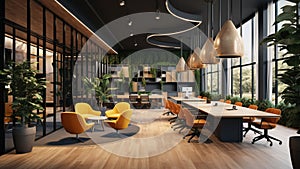 A contemporary co-working space with a plain wall yellow chair HD