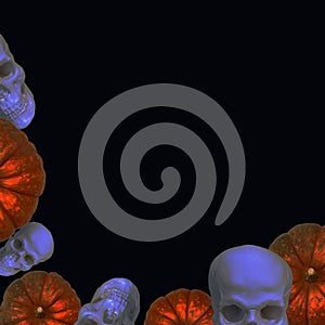 Contemporary collage. 3D illustration. Top view of white skulls and orange pumpkins on a black background in neon glow. Concept