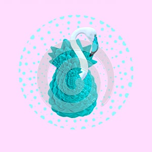 Contemporary collage. 3D illustration. White flamingo in blue pineapple on a pink background