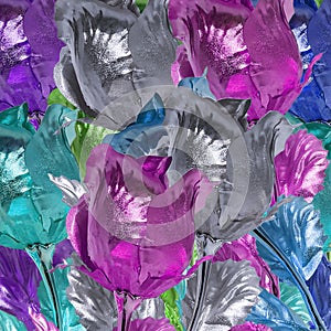 Contemporary collage. Background from metal roses of different colors