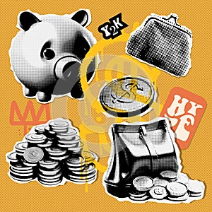 Contemporary collage elements set with coins, money, piggy bank, and retro purses. Grunge paper stickers of financial